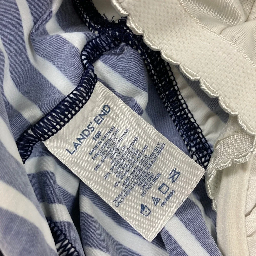 Lands End Navy Blue White Striped Swim Dress Underwire 10P Nautical Swimwear